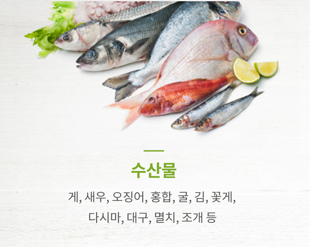 수산물: 게, 새우, 오징어, 홍합, 굴, 김, 꽃게, 다시마, 대구, 멸치, 조개 등